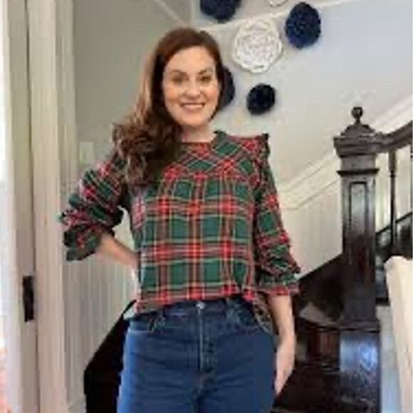 She + Sky Tops - She + Sky Ruffled Green Tartan Plaid Long Sleeve Blouse Top Small Babydoll